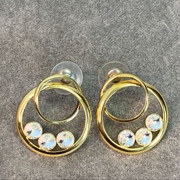 Gold tone crystal rhinestone double circle earrings - Picture 1 of 7